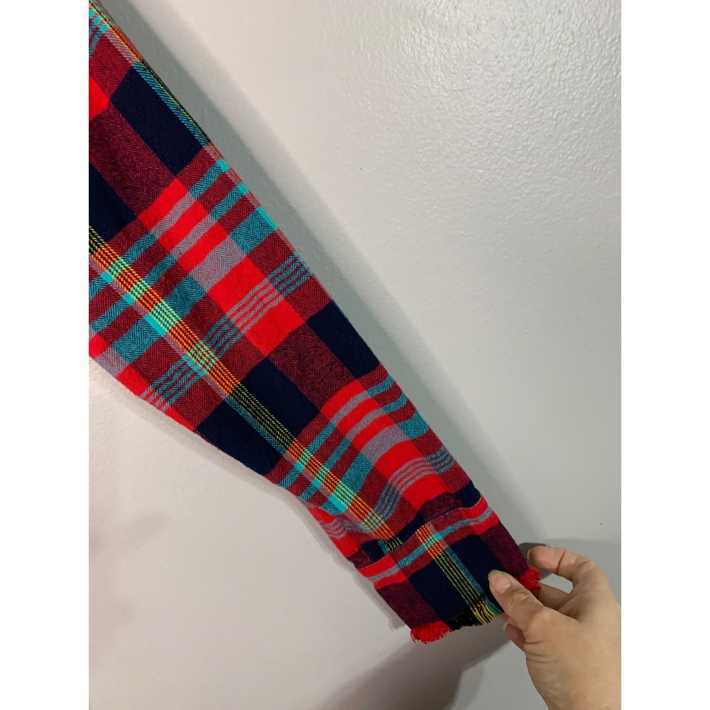 ONE24 RAGS Red Plaid‎ Fringed Flannel Shirt Oversized Distressed Women Large - Picture 4 of 10